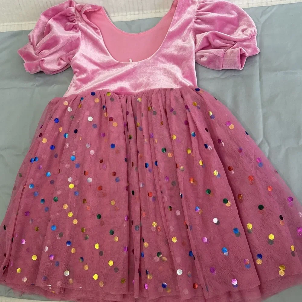 Ollie Jay Diana Puff Dress in Bubblegum Confetti Velvet Top Tulle Bottom Sz 3